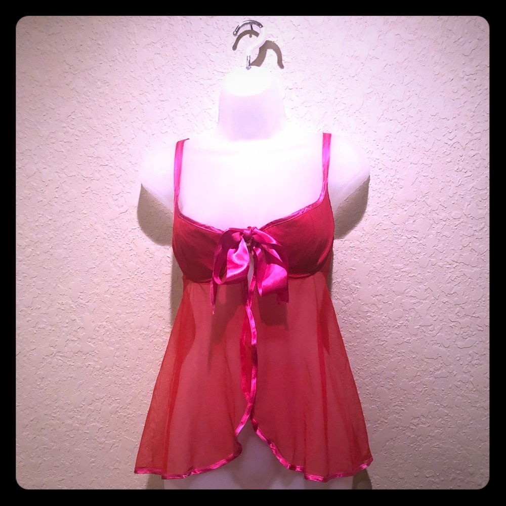{Vintage} Sheer Red/pink bow-tie teddy/chemise
